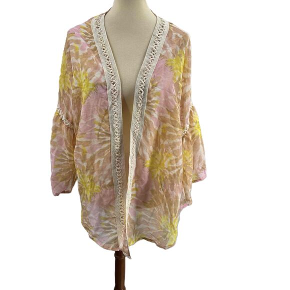 Steve Madden Tops - Steve Madden Kimono Pink Yellow Tie Dye Crochet Trim Bell Sleeve One Size New